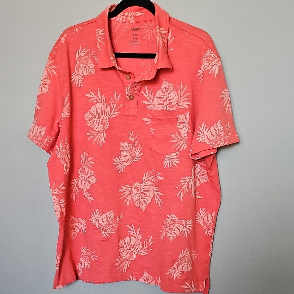 Sonoma Men's XXL Cotton Casual Summer Coral Leaf Print Polo Short Sleeve Shirt